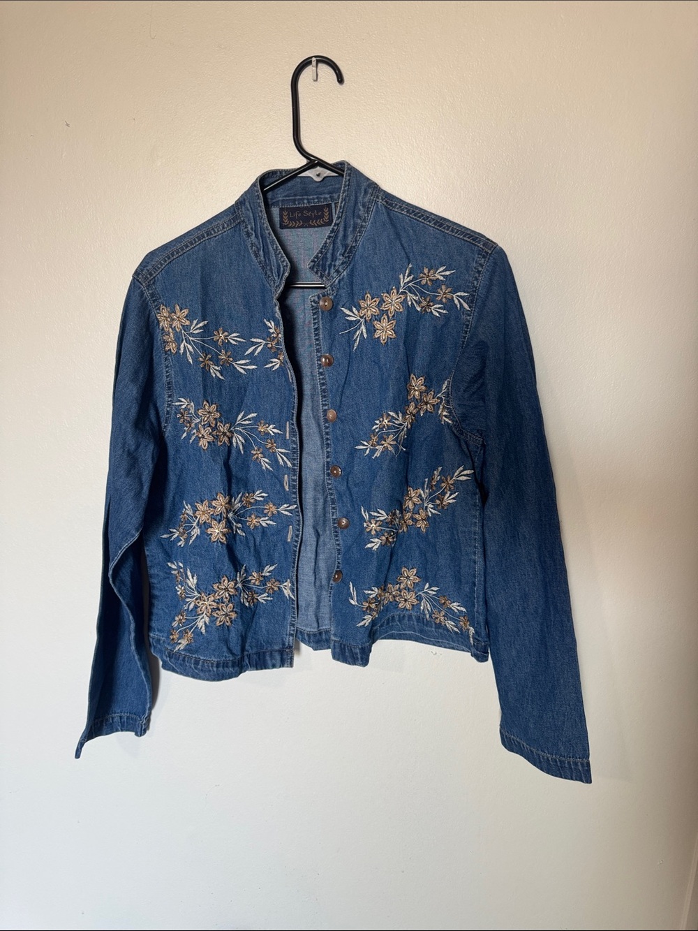 Embroidered Blue Denim Jacket with Floral Detail